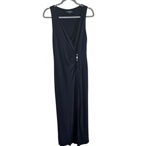 Lauren Ralph Lauren Evening Navy Blue Rhinestone Brooch V-Neck Gown Dress 6